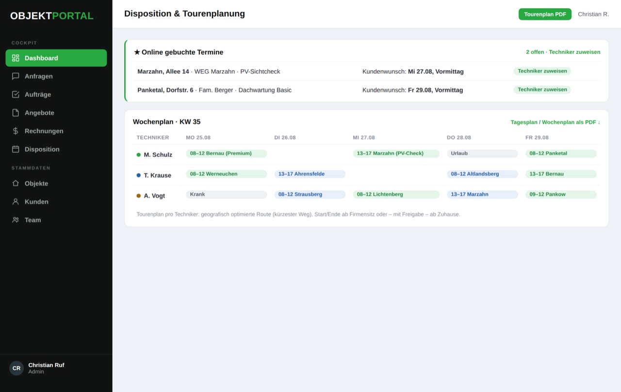 Disposition mit Wochenplan, online gebuchten Terminen und geografischer Tourenoptimierung