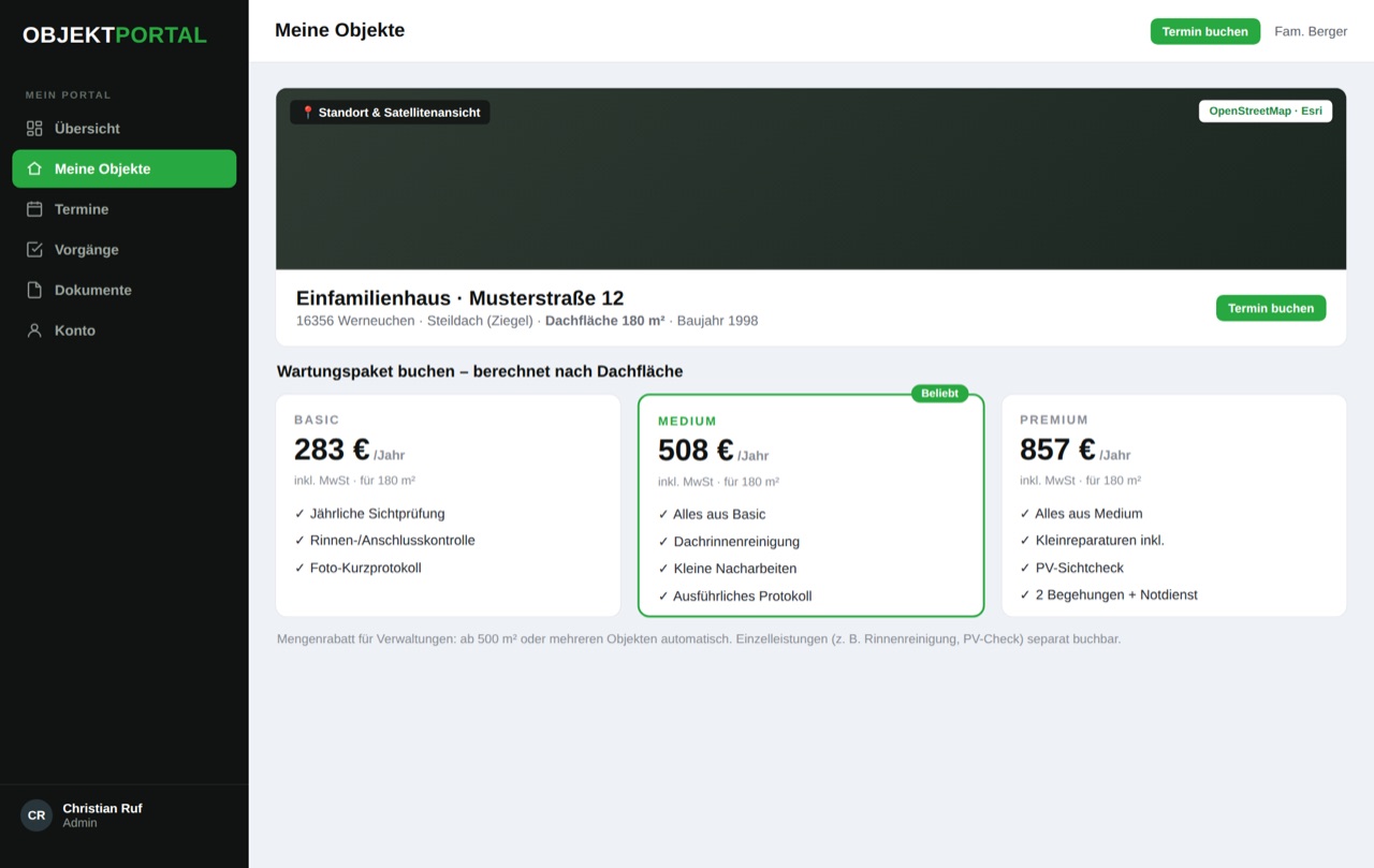Kundenportal mit Objektdetail, Karte, Wartungspaketen und Online-Buchung